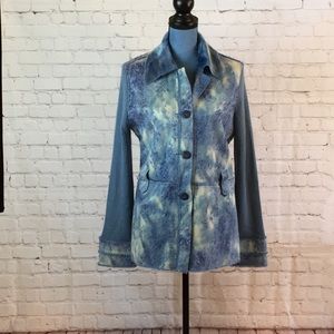 Legerdemain Faux Suede Fur Jacket  Blue White Tye Die Knit Long Sleeves S/M